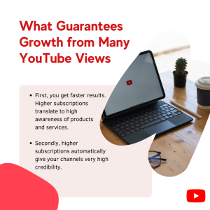 A laptop computer on a desk displaying a YouTube video with text overlay that reads "What Guarantees Growth from Many YouTube Views."