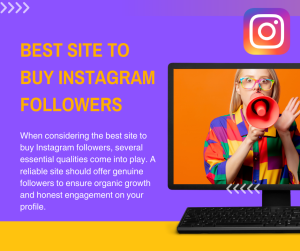 A woman in a colorful shirt and glasses holds a red megaphone, appearing on a computer monitor against a purple background. The text on the image reads: "Best Site to Buy Instagram Followers.