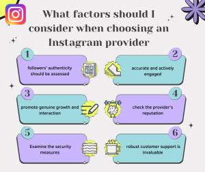 Infographic titled "What factors should I consider when choosing an Instagram provider" with six factors: followers' authenticity, accuracy and engagement, genuine growth, provider's reputation, security measures, and customer support.