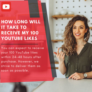 A woman standing at a counter, gesturing while smiling. The text reads, "How long will it take to receive my 100 YouTube likes? You can expect to receive your 100 YouTube likes within 24-48 hours after purchase.