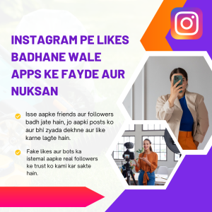 Instagram pe Likes Badhane Wale Apps ke Fayde aur Nuksan" infographic in Hindi, showing the pros and cons of using apps that increase likes on Instagram.