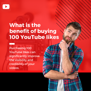 A promotional image asking, "What is the benefit of buying 100 YouTube likes?" with a thoughtful man in a plaid shirt on the right and a camera setup in the blurred background. The text explains that purchasing 100 YouTube likes can improve video visibility and credibility.