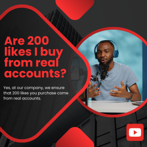 A promotional graphic titled "Are 200 Likes I Buy from Real Accounts?" showing a man with headphones recording content in a studio.