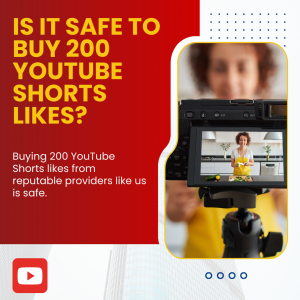 A promotional graphic titled "Is it Safe to Buy 200 YouTube Shorts Likes?" with an image of a woman filming a YouTube video, shown on the screen of a camera.