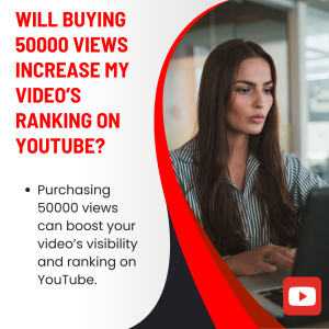 A woman working on a laptop with text asking, "Will buying 50,000 views increase my video’s ranking on YouTube?"