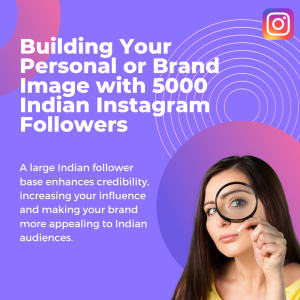 A promotional Instagram post featuring a woman holding a magnifying glass to her face, highlighting the topic of building personal or brand image with 5000 Indian Instagram followers.